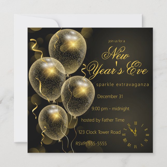 Invitation Parties scintillant d'or Ballons Black New Year's  (Devant)