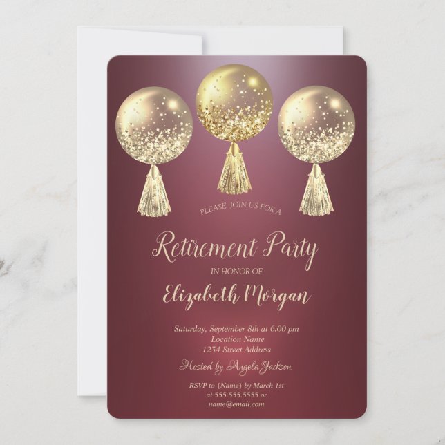 Invitation Parties scintillant d'or Ballons Burgundy Retraite (Devant)