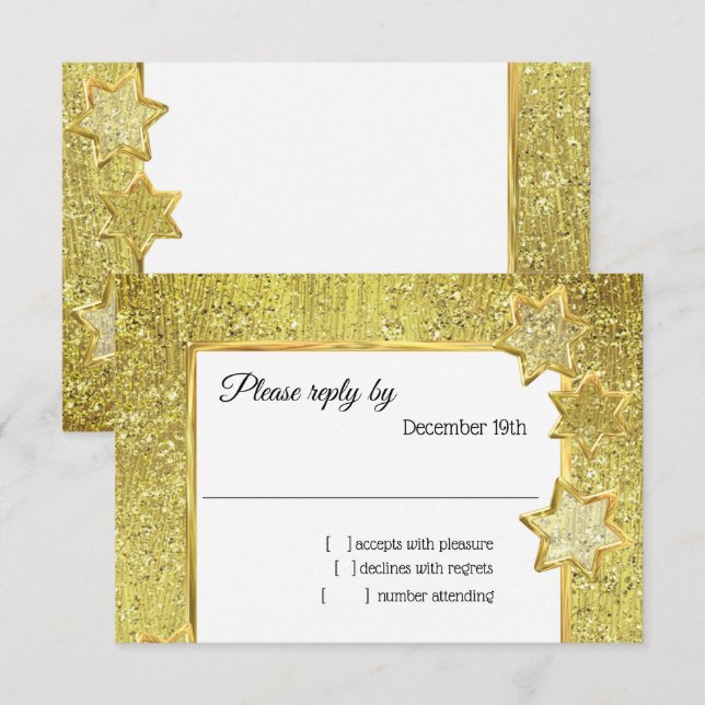 Invitation Parties scintillant d'or bat mitzvah Stars (Devant / Derrière)