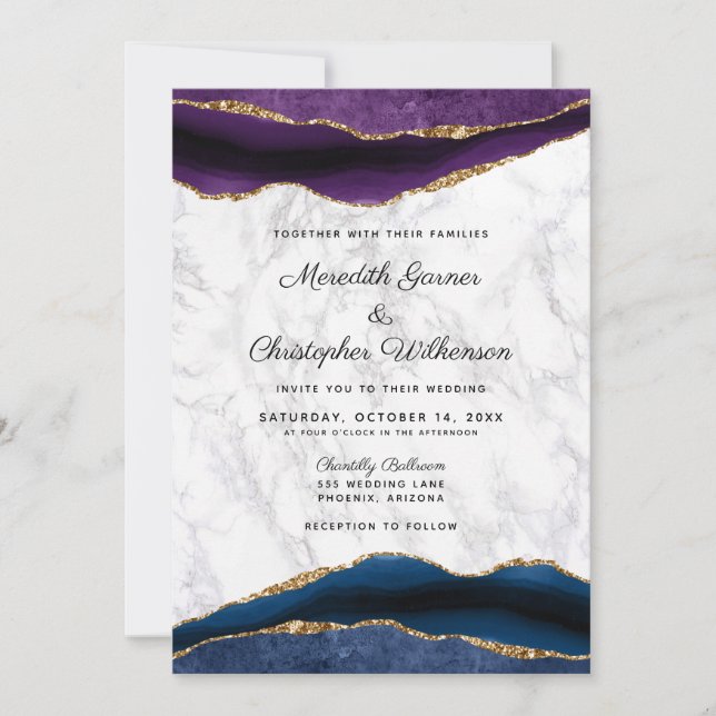Invitation Parties scintillant d'or bleu Mariage d'âge violet (Devant)