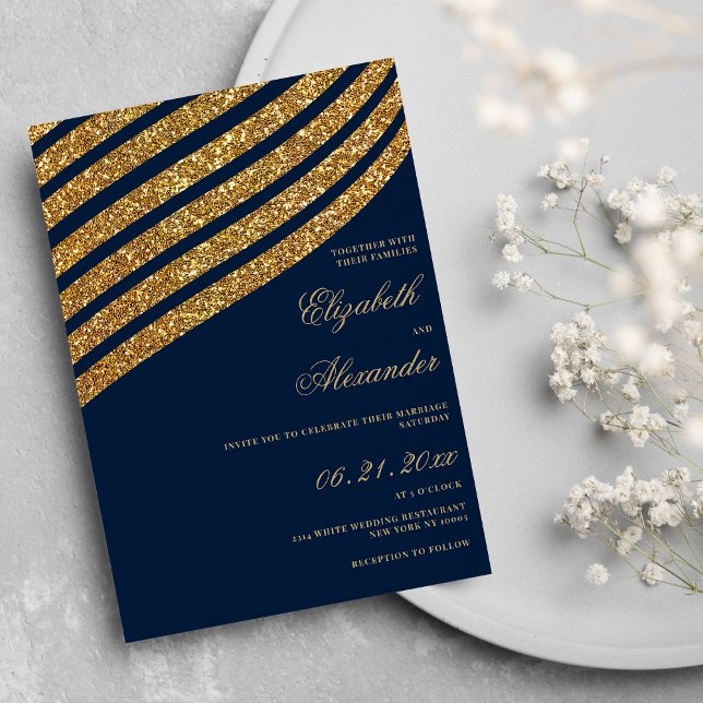 Invitation Parties scintillant d'or bleu marine géométrique m (Gold glitter navy blue geometric abstract wedding )