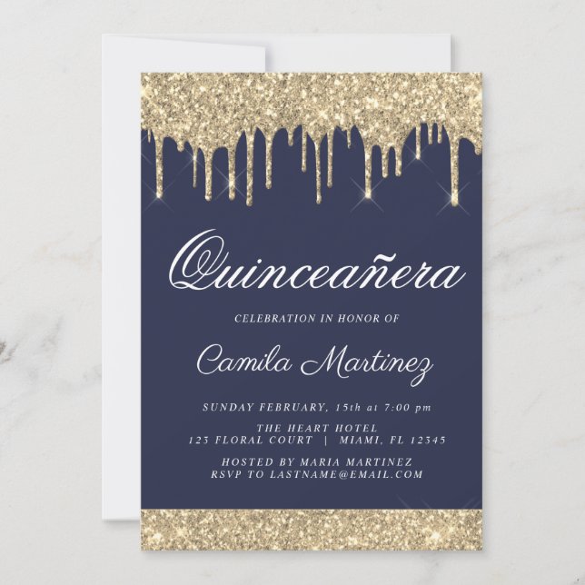 Invitation Parties scintillant d'or bleu marine Quinceañera (Devant)