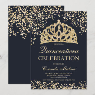 Invitation parties scintillant d'or bleu marine tiara Quincea