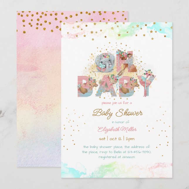 Invitation Parties scintillant d'or bleu rose Lovely Baby sho (Devant / Derrière)
