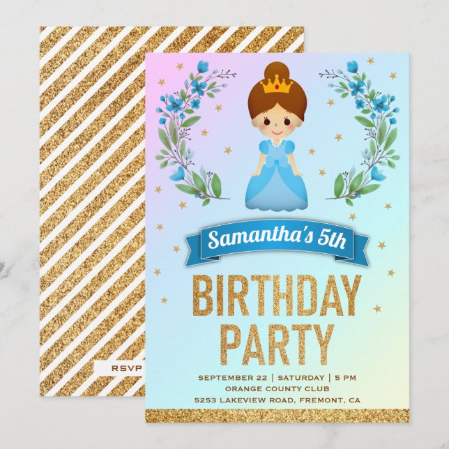 Invitation Parties scintillant d'or Blue Floral Princess (Devant / Derrière)