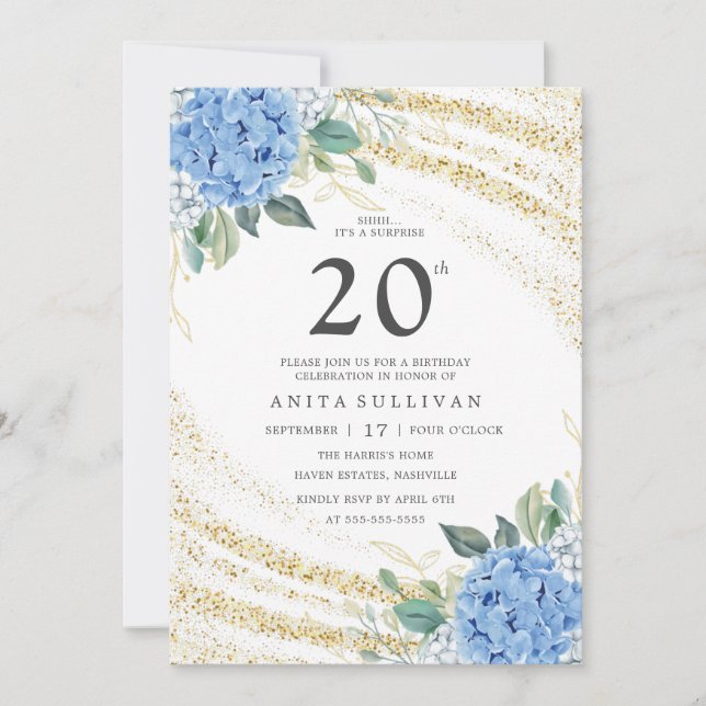 Invitation Parties scintillant d'or Blue Floral Vingt-vingtiè (Devant)