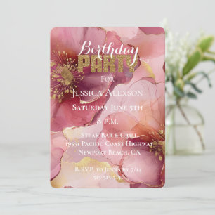 Invitation Parties scintillant d'or Blush Bourgogne Fleurs An