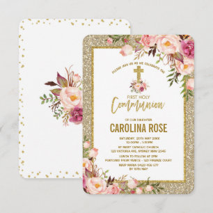 Invitation Parties scintillant d'or Blush Floral Holy Communi