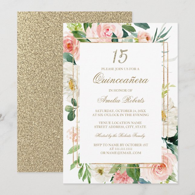 Invitation Parties scintillant d'or Blush Floral Quinceanera (Devant / Derrière)