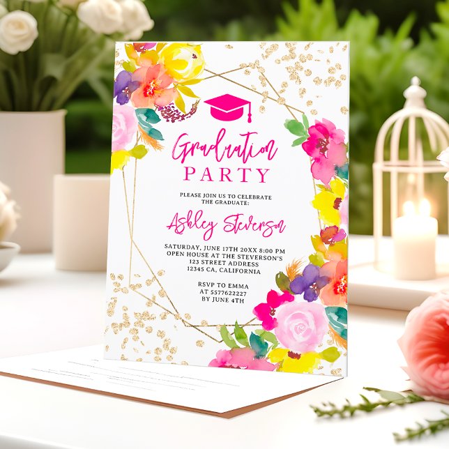 Invitation Parties scintillant d'or boho audacieuse florale g (Gold glitter boho bold floral photo graduation invitation)