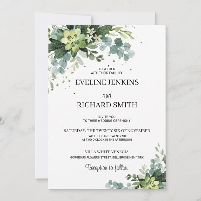 Invitation Parties scintillant d'or boho succulent vert scint (Devant)