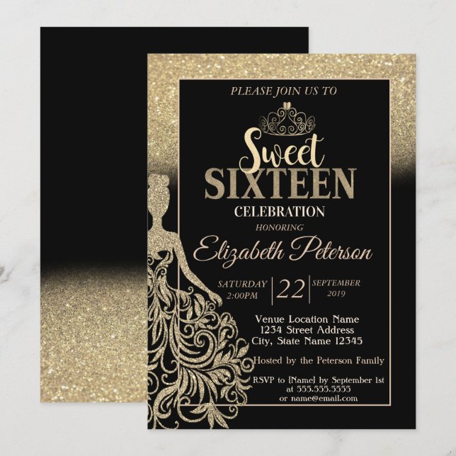 Invitation Parties scintillant d'or Bokeh Ombre, Tiara, Sweet (Devant / Derrière)
