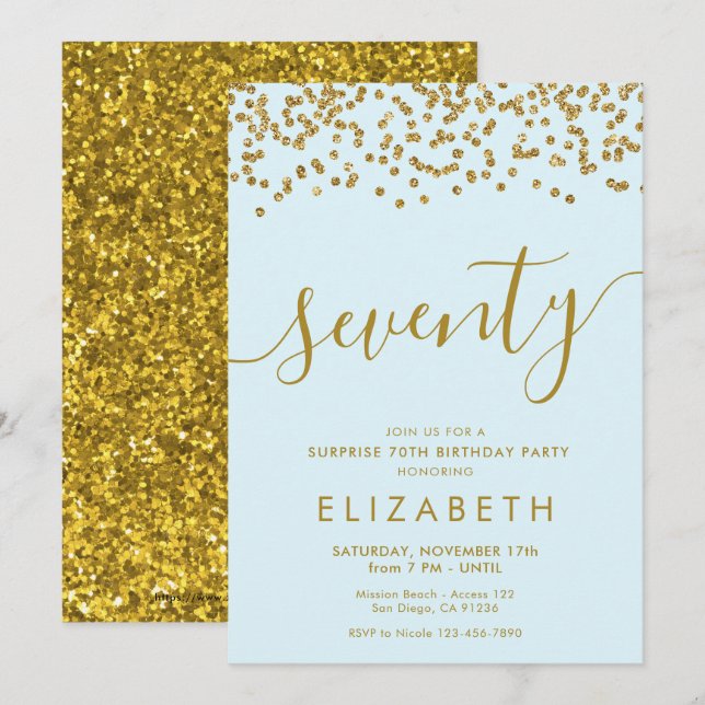 Invitation Parties scintillant d'or Bonjour 70 Seventieth Ann (Devant / Derrière)