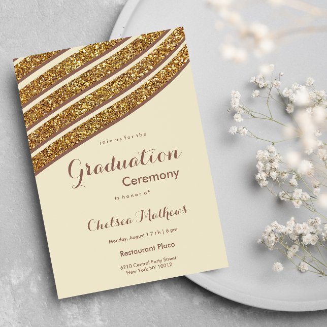 Invitation Parties scintillant d'or brun ivoire géométrique G (Geometric ivory brown gold glitter Graduation)