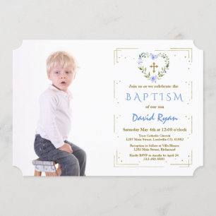 Invitation Parties scintillant d'or Cadre Croix Floral Boy Ph