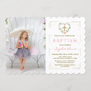 Invitation Parties scintillant d'or Cadre Croix Floral Girl P