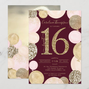 Invitation parties scintillant d'or chic ballon rouge Sweet 1