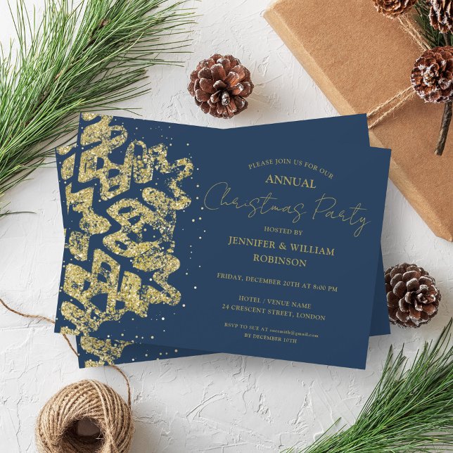 Invitation Parties scintillant d'or Classy Xmas Snowflake (Classy Gold Glitter Xmas Snowflake Holiday Navy Invitation)