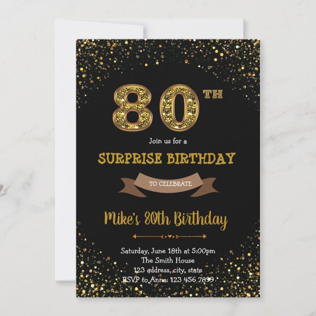 Invitation Parties scintillant d'or confetti 80e anniversaire (Devant)