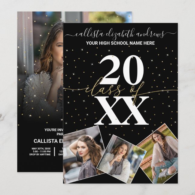 Invitation Parties scintillant d'or Confetti Classe de Gradua (Devant / Derrière)
