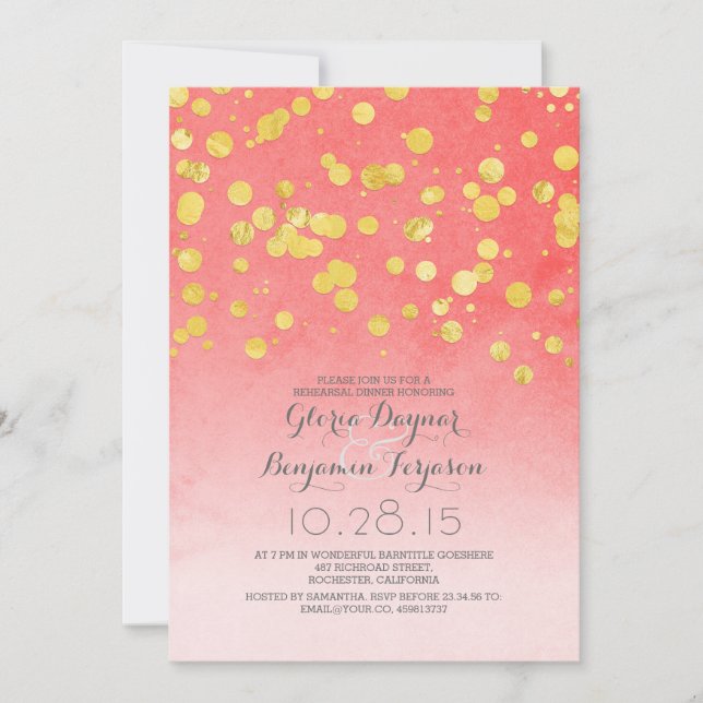 Invitation parties scintillant d'or confetti corail rose dîne (Devant)