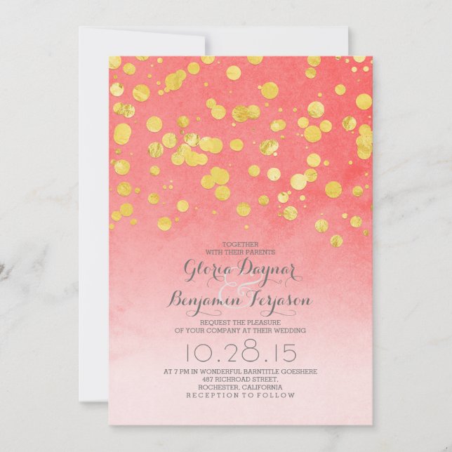 Invitation Parties scintillant d'or confetti corail rose mari (Devant)