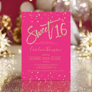 Invitation Parties scintillant d'or confetti néon rose Sweet 