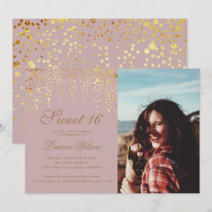 Invitation parties scintillant d'or confetti sur sweet sixtee