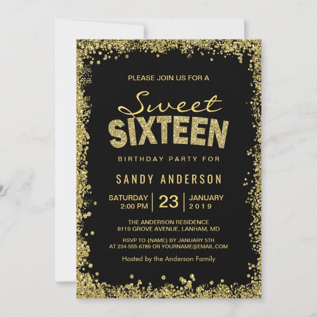 Invitation Parties scintillant d'or Confetti | Sweet 16 Seize (Devant)