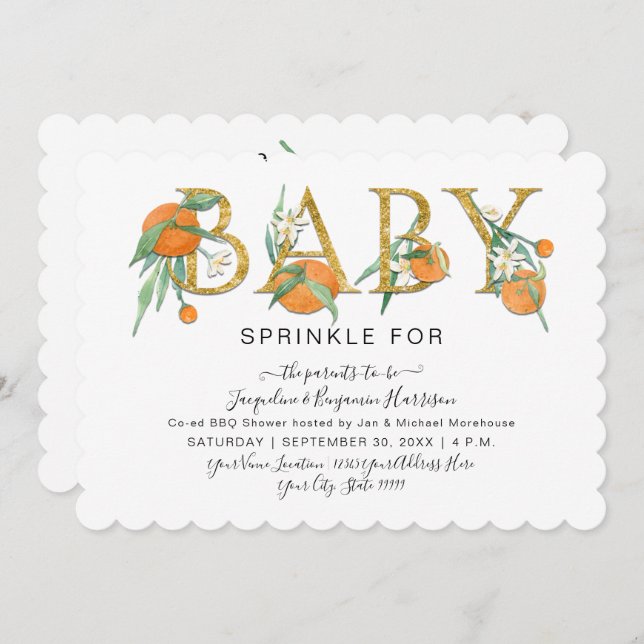 Invitation Parties scintillant d'or Cutie Oranges Baby shower (Devant / Derrière)