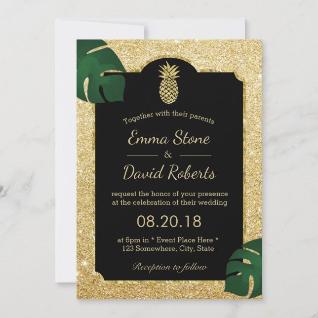 Invitation Parties scintillant d'or d'ananas tropicale Mariag (Devant)