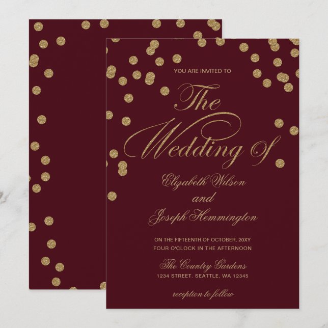 Invitation Parties scintillant d'or de Bourgogne Confetti Elé (Devant / Derrière)