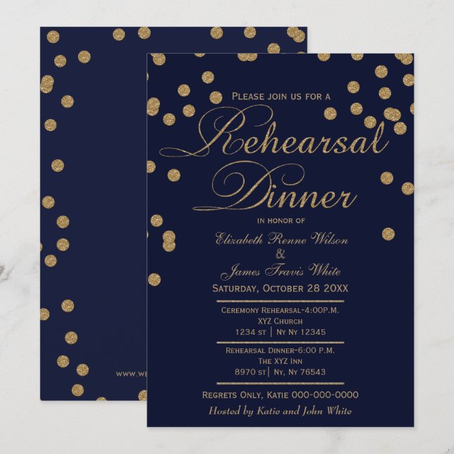 Invitation parties scintillant d'or de la marine dîner invita (Devant / Derrière)