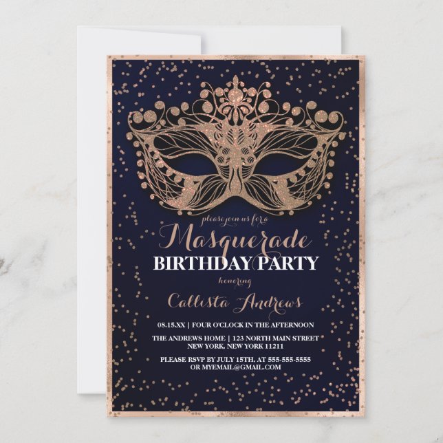 Invitation Parties scintillant d'or de la marine Masquerade C (Devant)