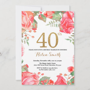 Invitation Parties scintillant d'or de la Red Floral 40th Bir
