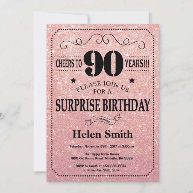 Invitation Parties scintillant d'or de la rose rose 90e anniv (Devant)