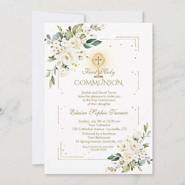 Invitation Parties scintillant d'or de luxe White Floral Holy (Devant)