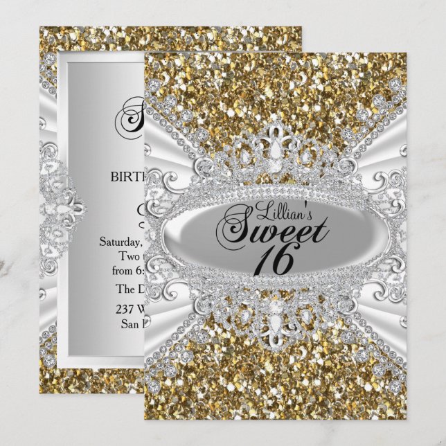 Invitation Parties scintillant d'or Diamond Tiara Sweet 16 In (Devant / Derrière)