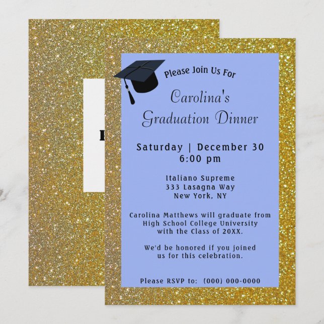 Invitation Parties scintillant d'or Dîner Blue Graduation (Devant / Derrière)