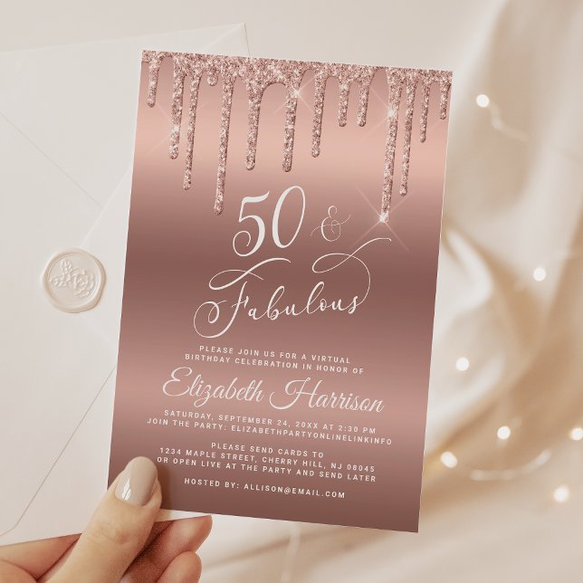 Invitation Parties scintillant d'or du Rose de la fête du 50e (50 & Fabulous: Toast to a Life Well Celebrated!)