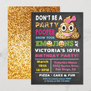 Invitation Parties scintillant d'or Emoji Party Pooper Girl B