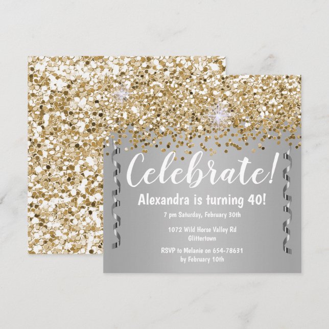 Invitation Parties scintillant d'or et argent métallique 40e  (Devant / Derrière)