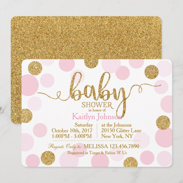 Invitation Parties scintillant d'or et Baby shower à pointes  (Devant / Derrière)