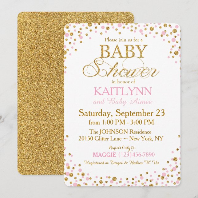 Invitation Parties scintillant d'or et Baby shower d'arrosage (Devant / Derrière)