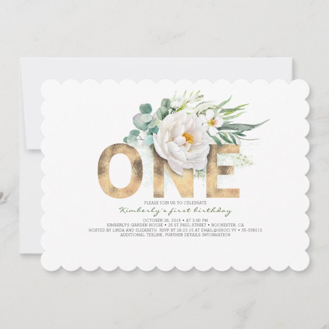 Invitation Parties scintillant d'or et fleurs blanches 1er an (Devant)