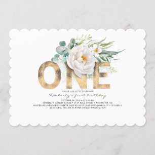 Invitation Parties scintillant d'or et fleurs blanches 1er an