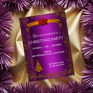 Invitation Parties scintillant d'or et Noël pourpre