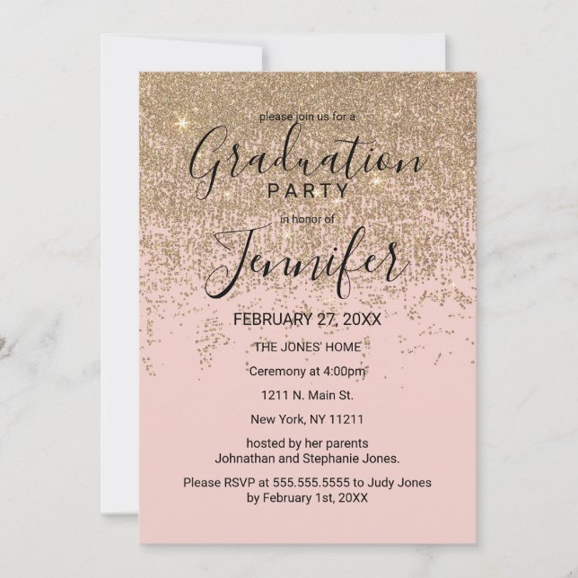 Invitation Parties scintillant d'or étincelle Blush Pink Grad (Devant)