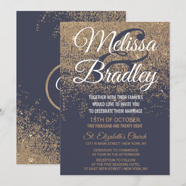 Invitation Parties scintillant d'or étincelle Mariage bleu ma (Devant / Derrière)
