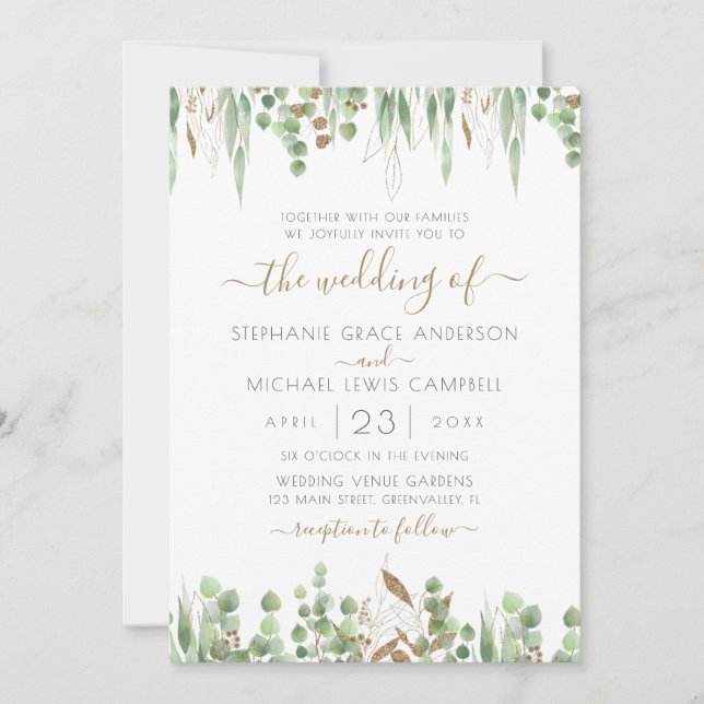 Invitation Parties scintillant d'or Eucalyptus Mariage vert (Devant)